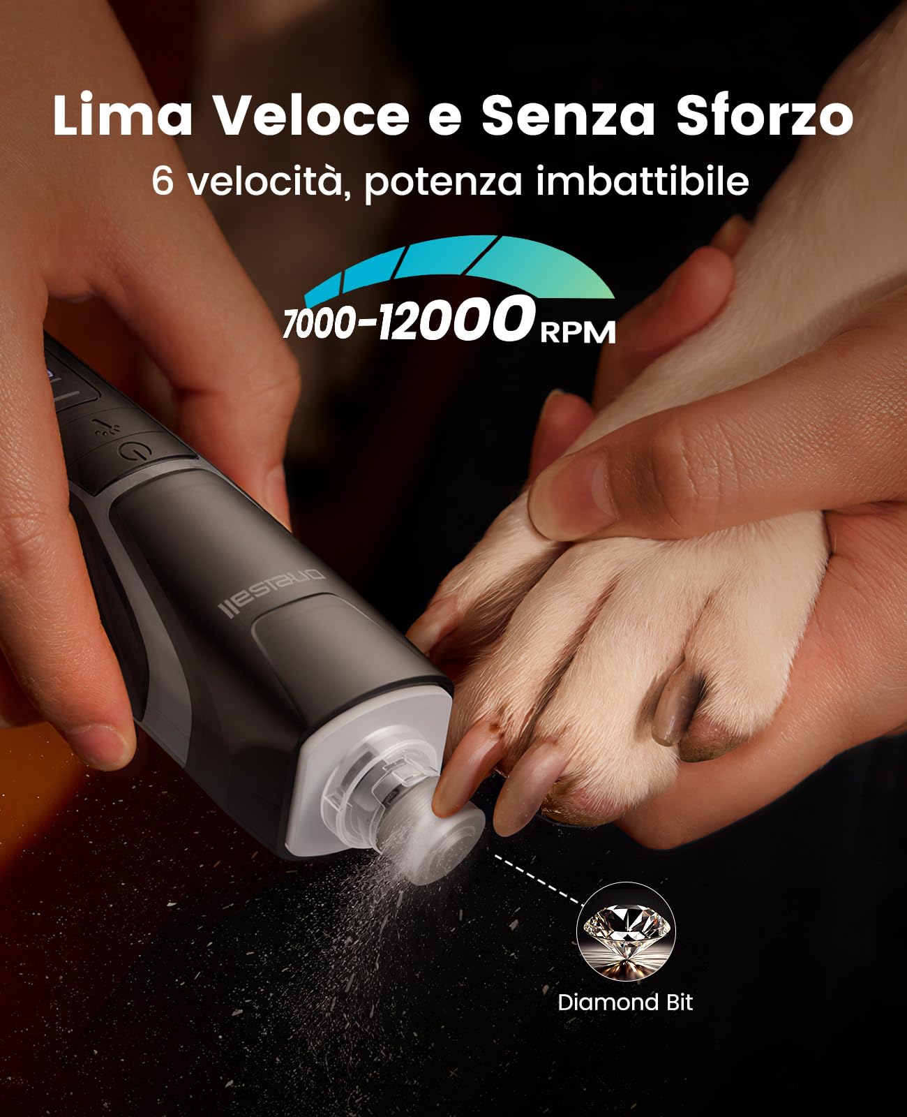 oneisall Lima Unghie Cani NG02 | Professionale, Luce LED a 360°, 6 velocità fino a 12000RPM, Silenzioso 40 dB, Adatto a cani di taglia grande, media