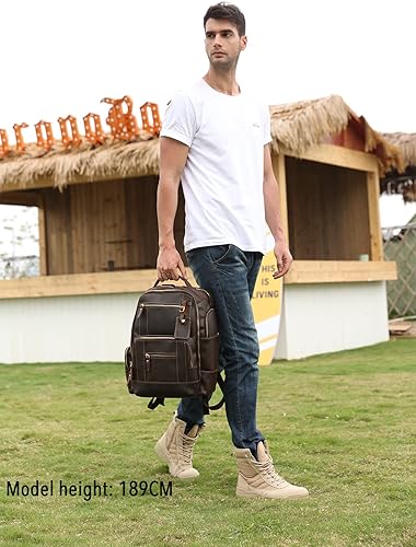 Miniatura 8 de Lannsyne Mochila vintage de cuero de grano completo para hombre de 15.6 pulgadas, mochila para laptop de camping y viajes, mochila de 24 L, Marrón,