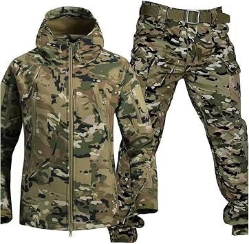 Waterproof Camo Uniform Set - Men's Tactical Jacket and Combat Trousers, Lightweight Outdoor Camouflage Soft Shell Jacket and Pants