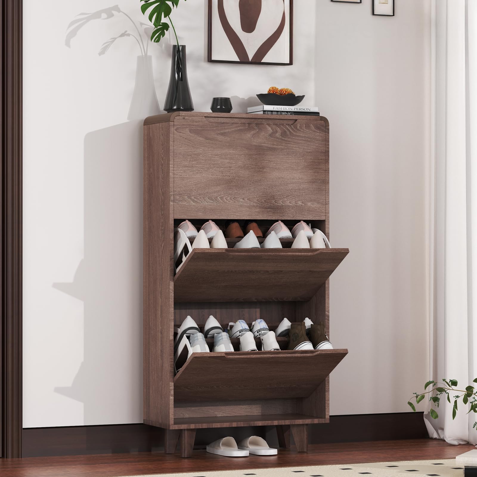 Hadsatherin Shoe Cabinet with 3 flip-top Drawers, freestanding Design, Space-Saving Design, Suitable for hallways or entrances,(Walnut Color, 47.2H*