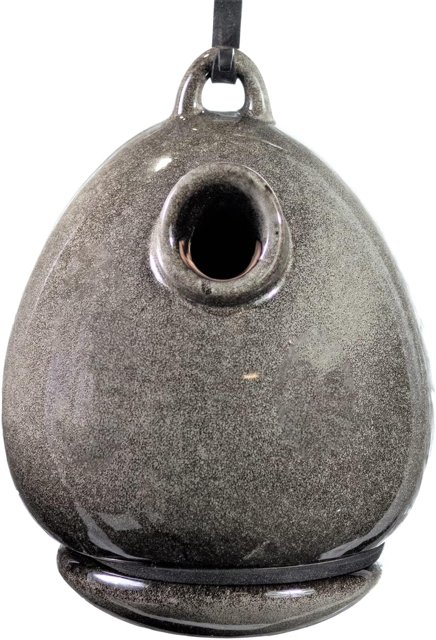 Byer of Maine Egg Bird Home for Small Songbirds, Sandy Granite, High Fired Porcelain Stoneware, Ceramic Bird House, Glaze Finish, with Forged Steel Hook