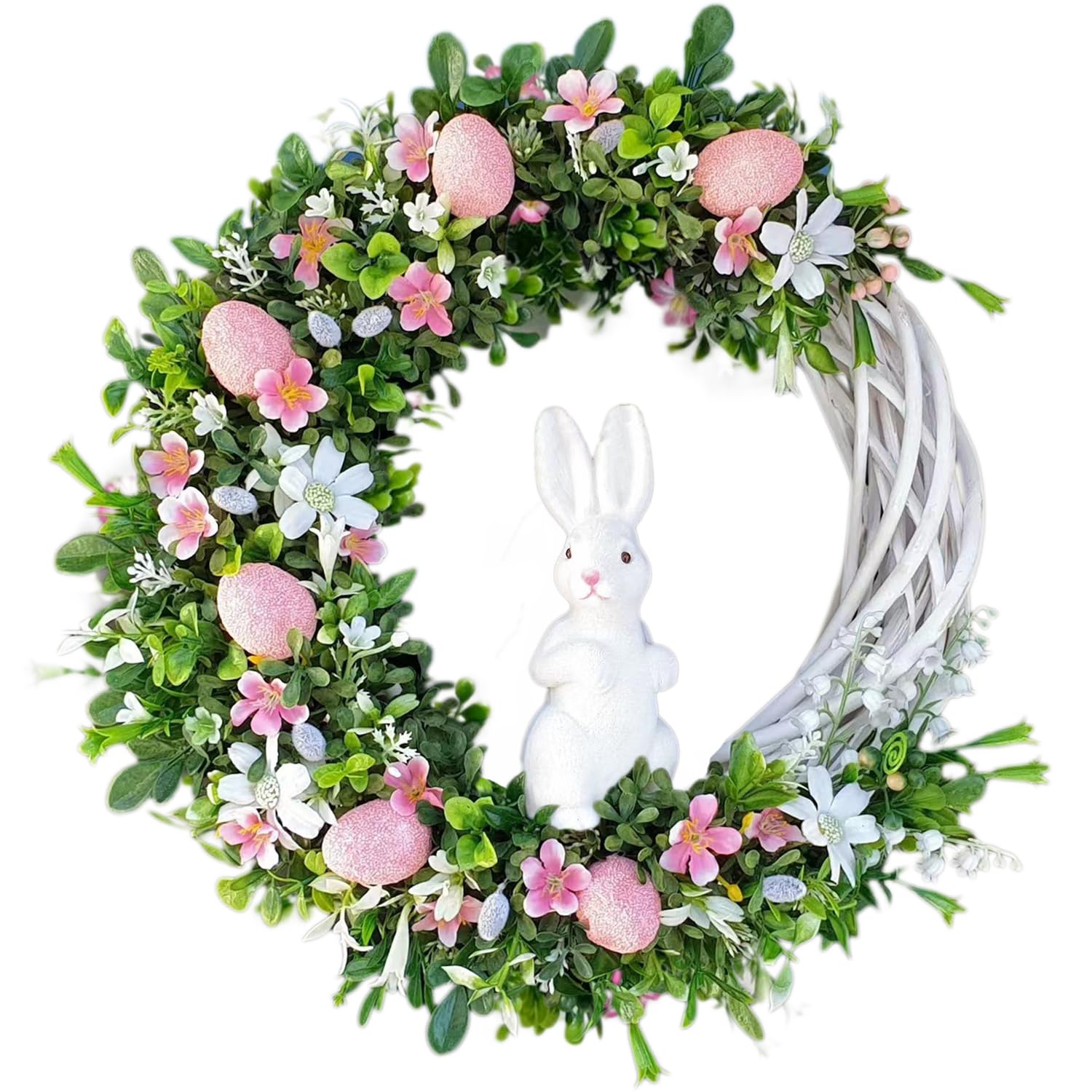 Couronne de Pâques ronde en rotin avec décorations mignonnes de lapin faites main