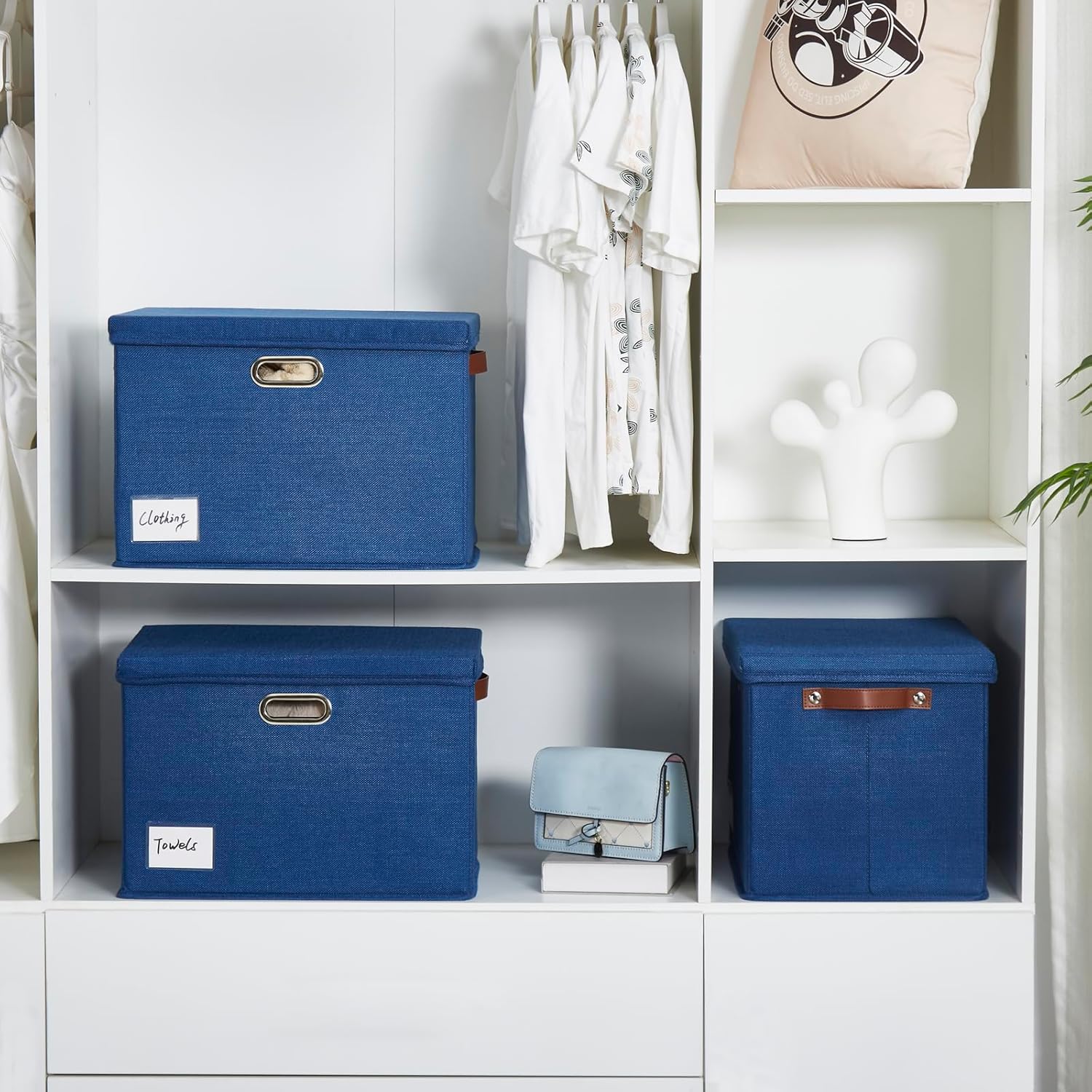 17" Large Collapsible Storage Bins with Lids, Stackable Closet Organizers with PU Handle and Labels, 3-Pack Decorative Fabric Storage Boxes for Home, Bedroom, Closet, Office, Nursery(Navy)