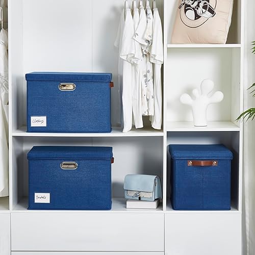 Miniatura 7 de 17" Large Collapsible Storage Bins with Lids, Stackable Closet Organizers with PU Handle and Labels, 3-Pack Decorative Fabric Storage Boxes for