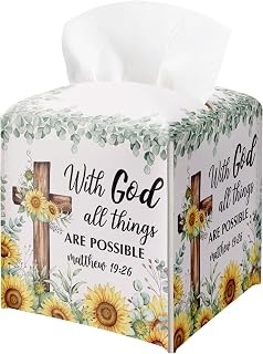 Christian Tissue Box Cover, Floral Tissue Box Holder Square Leather Facial Paper Organizer, Religious Faith Gift Ideas for Friends, Home Indoor Bathroom Decorations