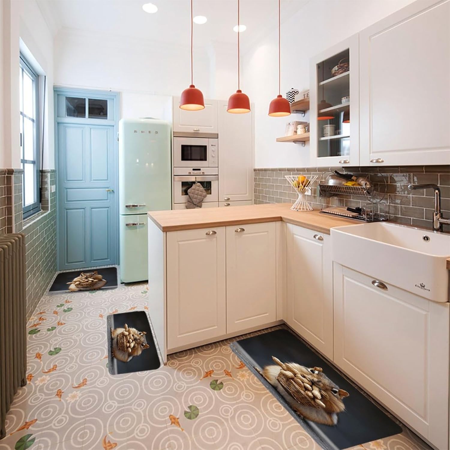 Squirrel and Peanut Kitchen Rugs Sets of 3 Washable Non Slip Kitchen Rug Water Resistant Carpet Piece Anti Fatigue Kitchen Mats Soft Comfort Standing Mat Modern Area Rug