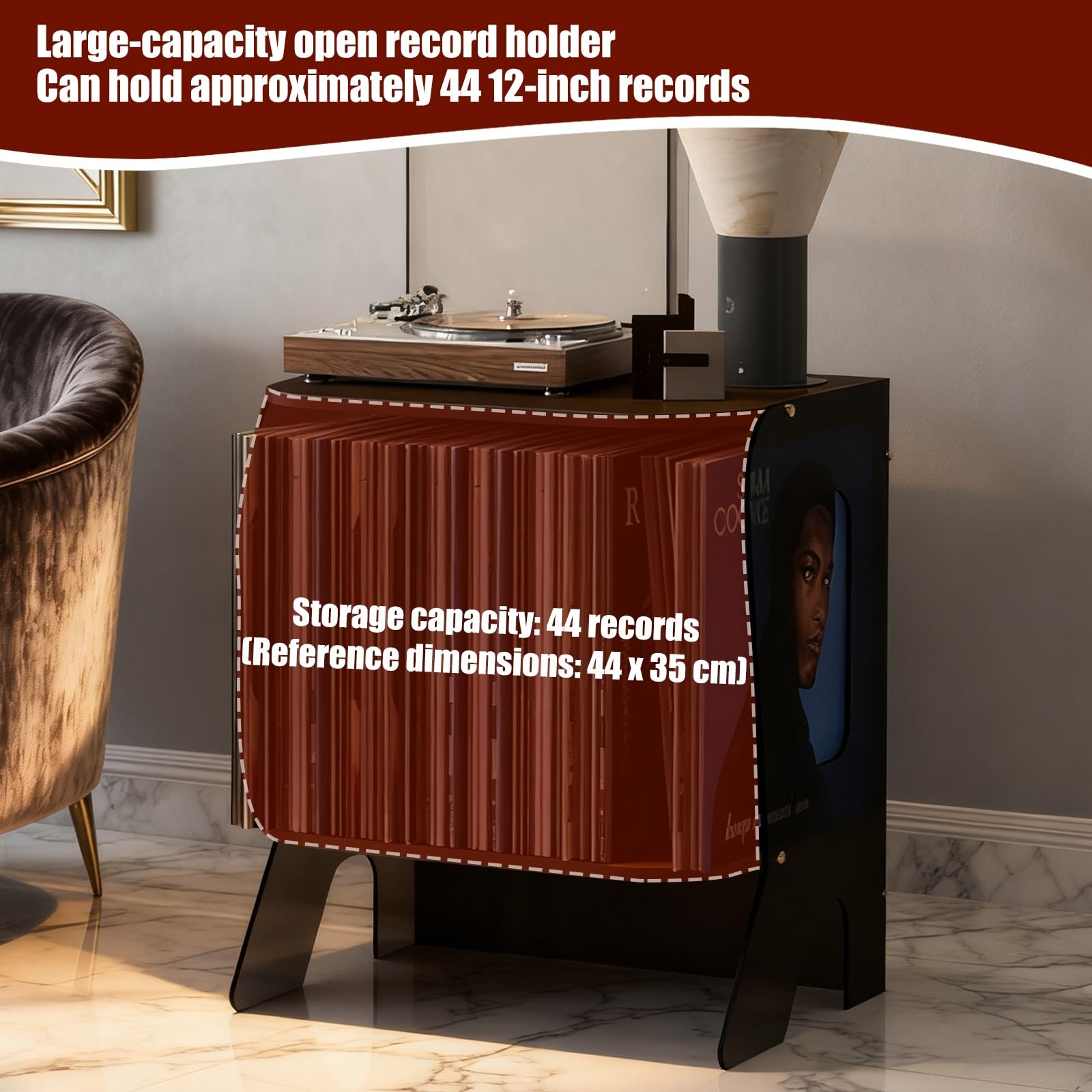 Mobile per Giradischi Porta Vinili Tavolino per Giradischi Capacità 40 Dischi, Mobile Audio Design Multifunzione per Soggiorno, Camera da Letto, Ufficio(Black+Red Tea)
