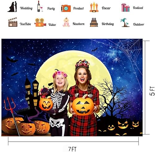 Miniatura 9 de CHAIYA Telón de fondo de Halloween de 10x8ft Jack O'Lantern calabaza linterna naranja noche luna murciélago araña telaraña cementerio fotografía