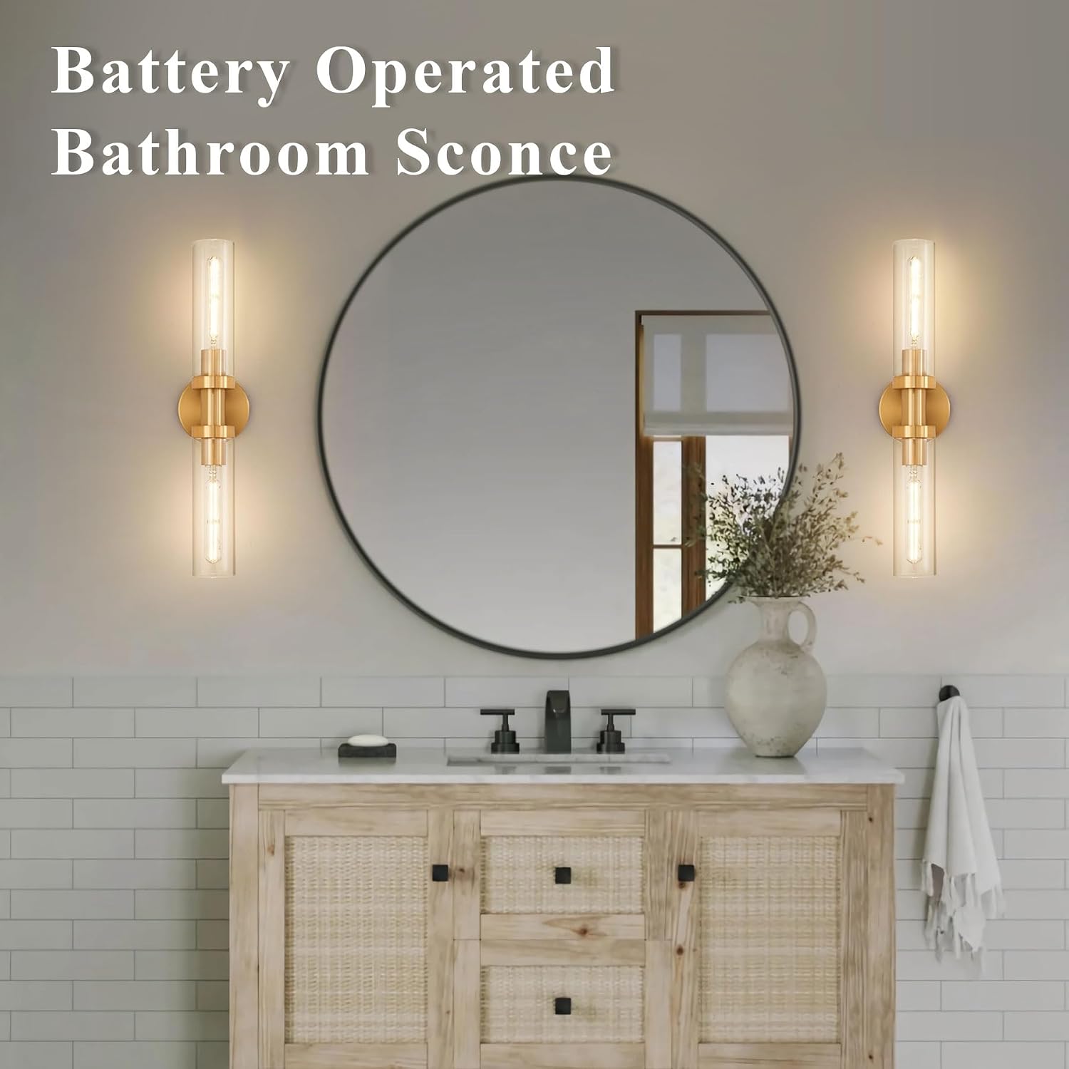 SANTOSTOCK Gold Battery Operated Wall Sconce Set of 2, 12000mAh Rechargeable Wall Lights with Remote Control, Wireless Dimmable Wall Lamps for Bedroom Living Room Bathroom Hallway Stairwell