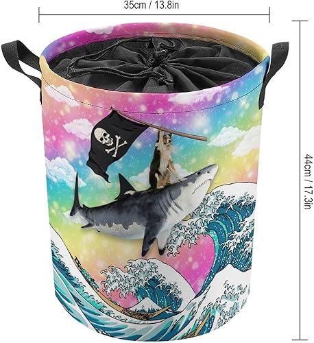 Miniatura 2 de Divertido tiburón perro independiente impermeable cesta de lavandería fantasía arco iris colorido cielo japonés gran ola impresión para dormitorio,
