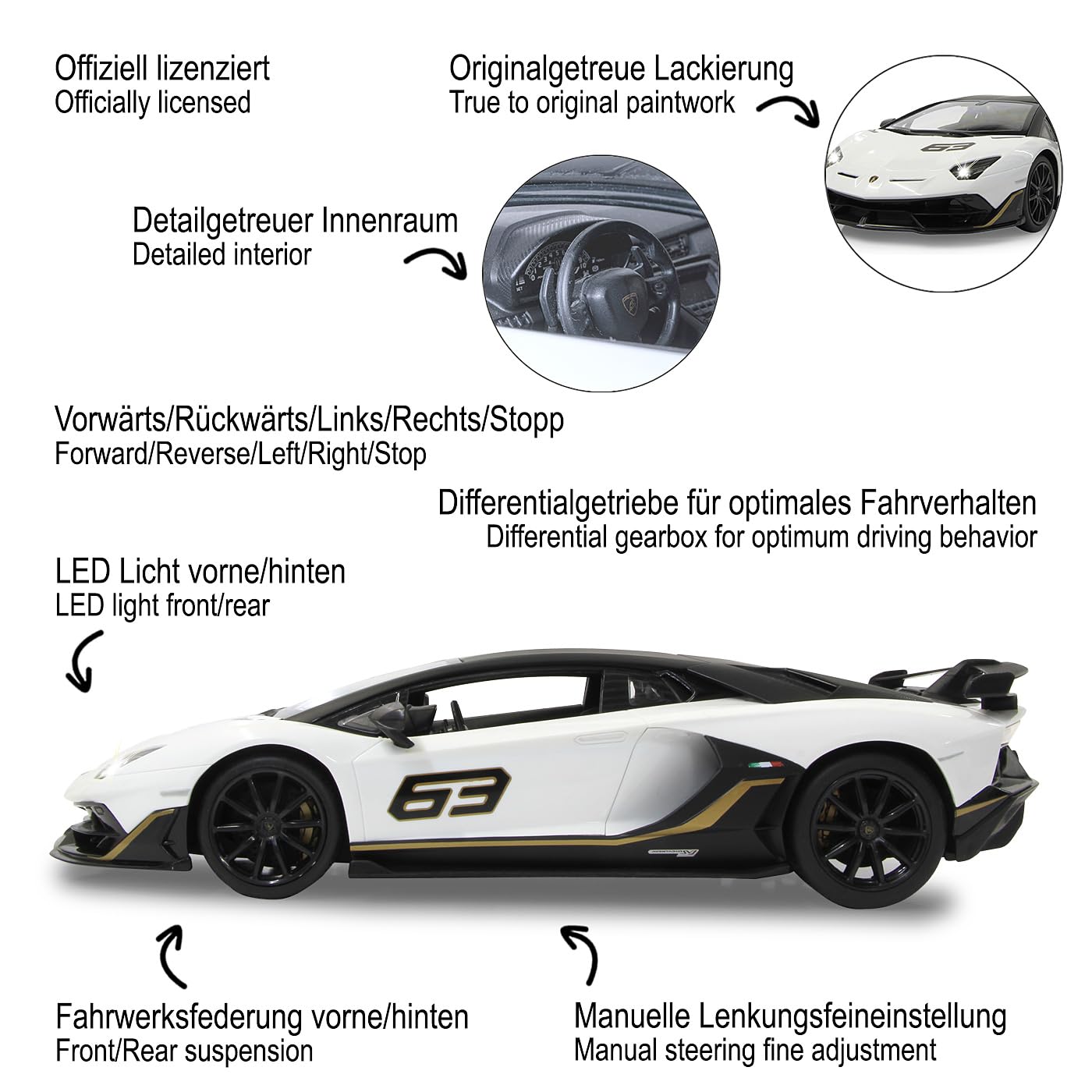 JAMARA 405172 - Lamborghini Aventador SVJ 1:14 2,4 GHz - oficjalna licencja, do 1 godziny jazdy przy ok. 11 km/h, idealnie odwzorowane szczegóły, wysokiej jakości wykonanie, biały