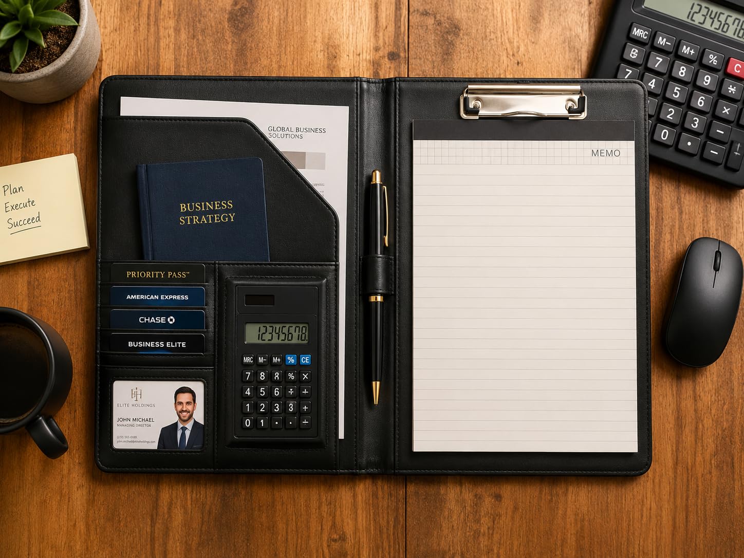 Porte-documents en cuir pour une utilisation professionnelle, organiseur de documents avec rangement intelligent, calculatrice, bloc-notes, – Padfolio tout-en-un professionnel pour homme et