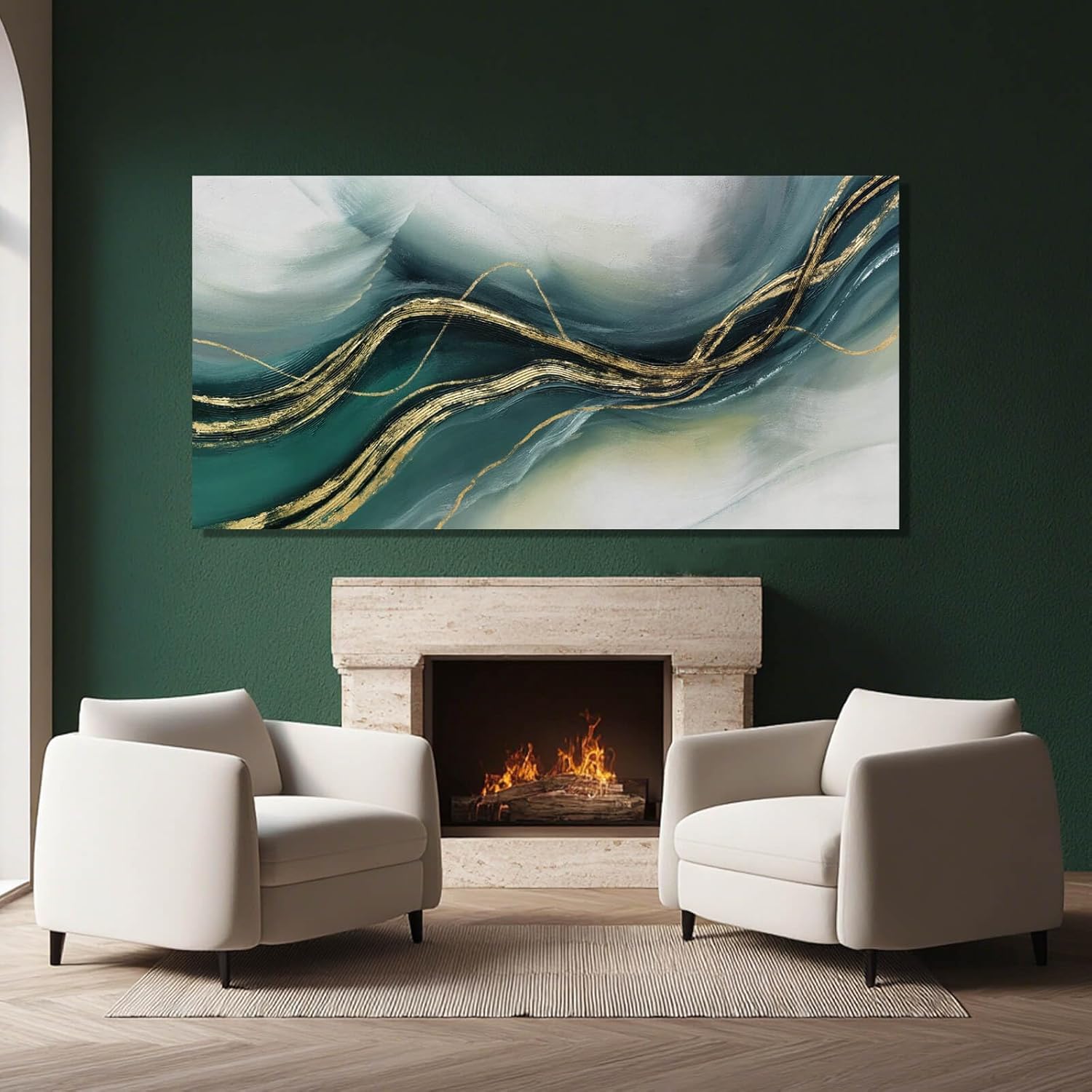 ZENPEE Gold Home Decor, Canvas Wall Art, Green Large Abstract Art for Living Room, Office, Bedroom & Dining Room, 24" x 48"
