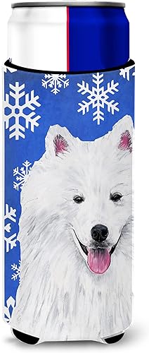 Caroline's Treasures SC9379MUK American Eskimo Winter Snowflakes Holiday Ultra Hugger para latas delgadas puede enfriar manga Hugger lavable a