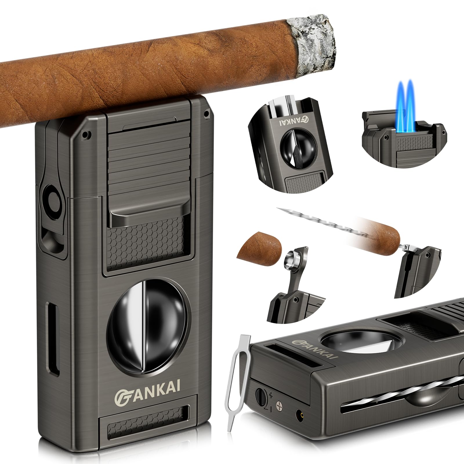 FANKAI Cigar Lighter, 5 in 1 Cigar Torch with V Cutter, Cigar Punch, Cigar Stand, Cigar Poker, Butane Lighter Double Jet Flame, Cigar Gift for Cigar Smokers (Gray)