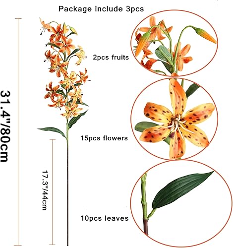 Miniatura 2 de Flores artificiales de lirio de tigre de tallo largo, flores artificiales para el hogar, hotel, arreglo floral, decoración de fiesta (naranja)