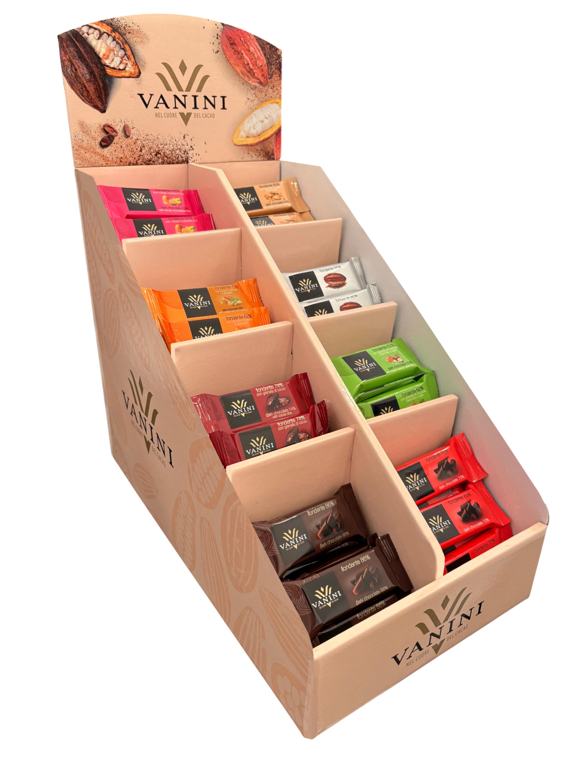 Vanini Assortimento di Tavolette Mini al Cioccolato Fondente con Frutta Secca, Spezie e Frutta Senza Glutine (Gluten Free) Showbox 64x15g