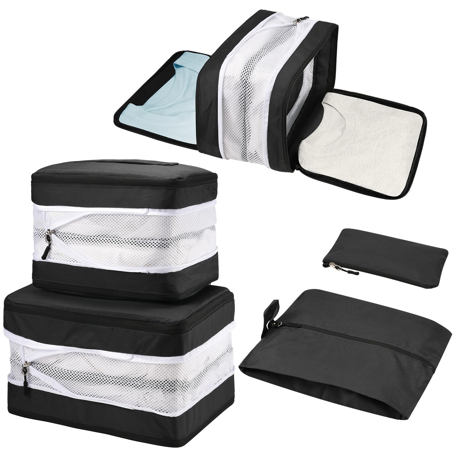Tutushop Black 5 Set Compression Packing Cubes For Suitcases, Travel Organiser For Carry On Hand Luggage Newest Double Sided Expandable Packing Bags With Shoes Bag (Black)