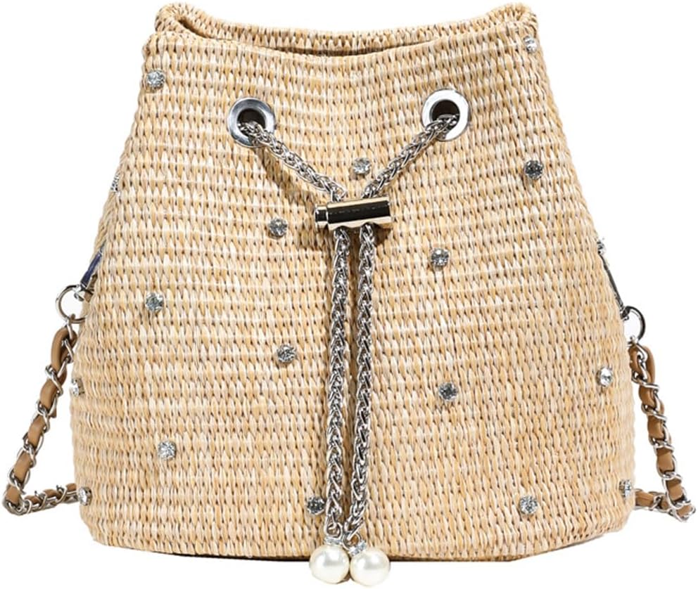 Pearl Straw Bucket Purse for Women Summer Vacation Crossbody Purses Beach Bag Beaded Rhinestone Handbag
