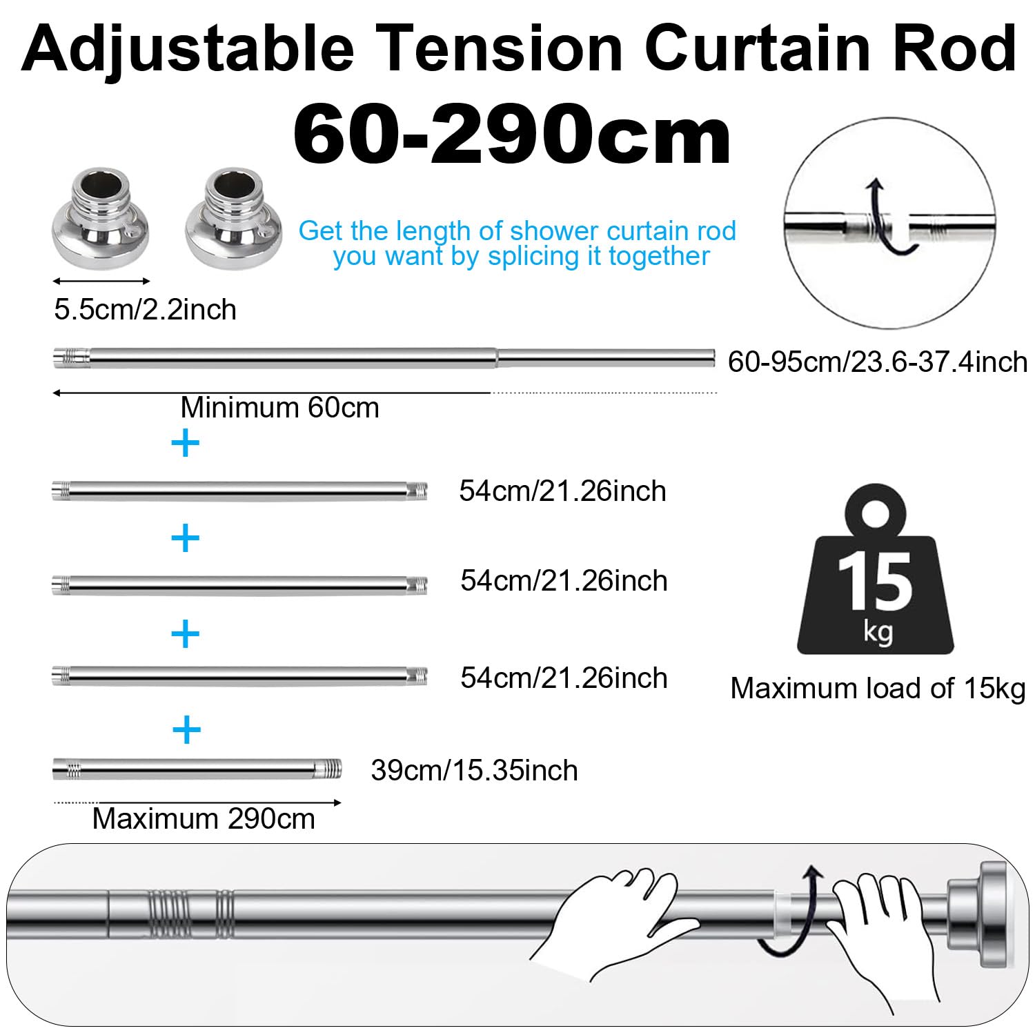 Extendable Shower Curtain Pole (23"-114"), Telescopic Tension Curtain Rod Stainless Steel, Splice mounting design, Non-Slip - Image 2