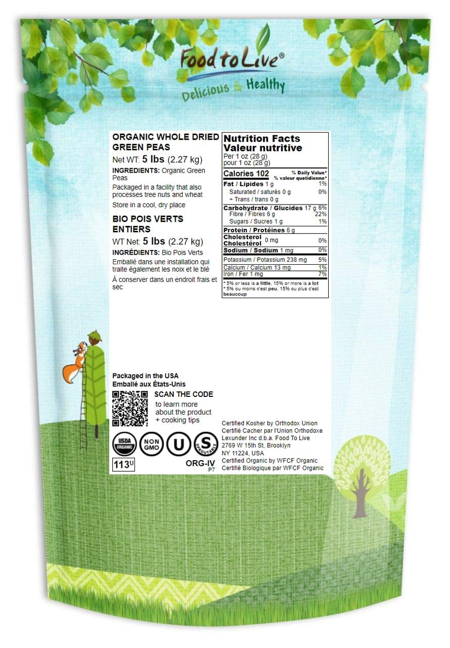 Food to Live Organic Green Peas, 5 Pounds Sproutable, Non-GMO, Kosher, Dried