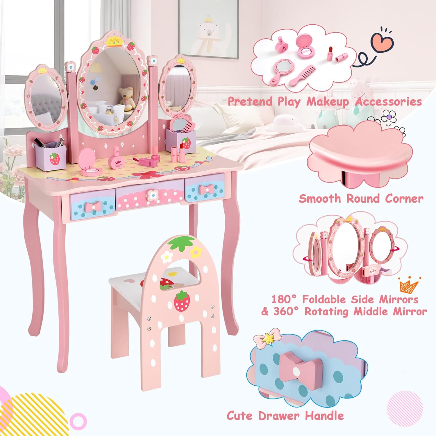 KOTEK 2-in-1 Kids Vanity Desk, Girls Vanity Set with Tri-Folding Mirror and Stool, Detachable Tabletop, Storage Drawers, Pretend Play Dressing Table, Princess Makeup Vanity for Bedroom (Pink)