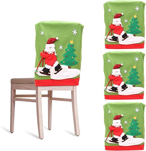 Juego de 4 tapas para silla de Navidad con diseño de Papá Noel rojo con tapa para silla de Papá Noel, diseño de copos de nieve, para cena, para