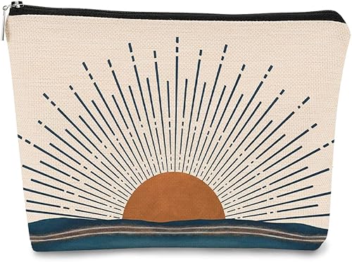 Bolsa de maquillaje abstracta bohemia con diseño de amanecer y atardecer con paisaje oceánico, arte moderno de mediados de siglo, la mejor idea de