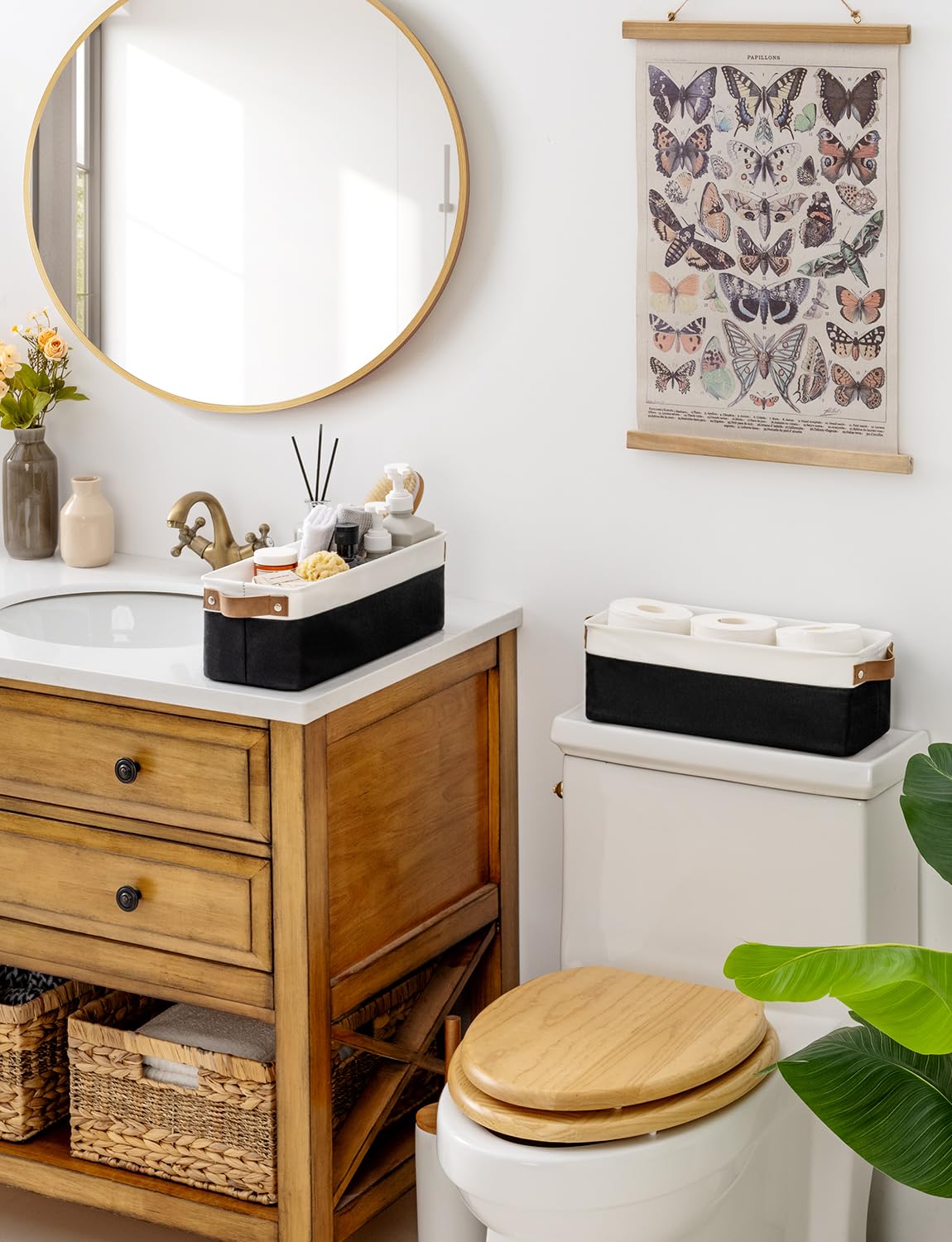 StorageWorks schmaler Korb Aufbewahrung, stabiles Badezimmer Ordnungssystem, Stoff Aufbewahrungsbox mit Metallrahmen, Toilettenpapier Aufbewahrungskörbe, Stoffkörbe für Regal, Schwarz-Weiß, 2 Stück Küche, Haushalt & Wohnen
