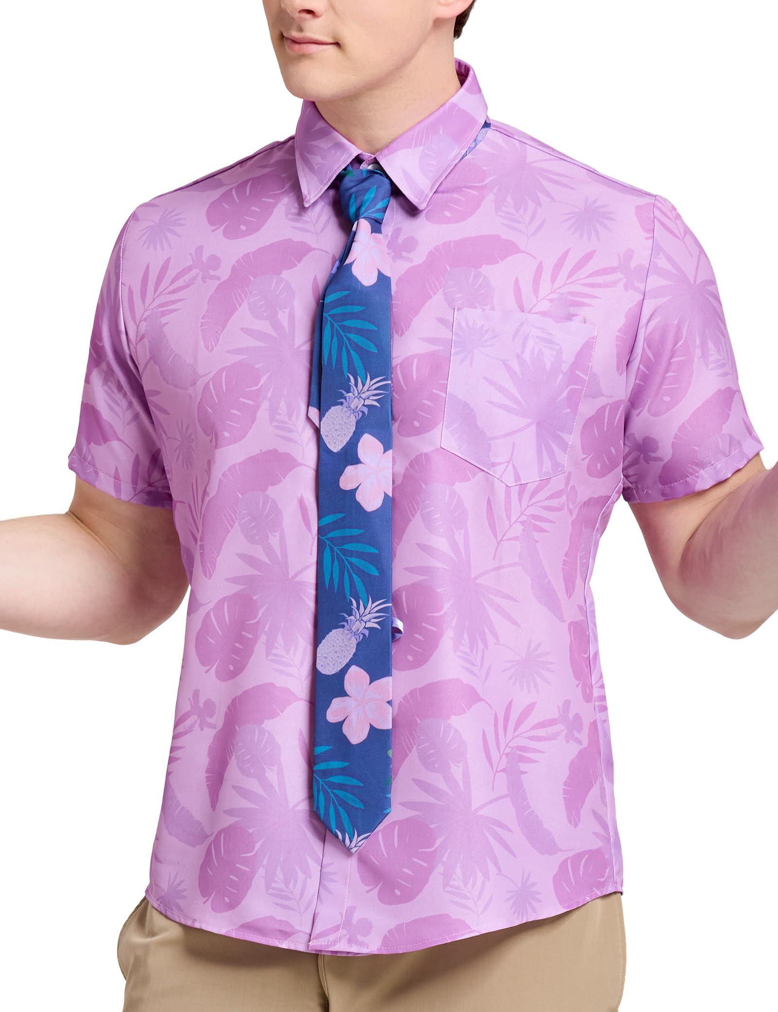 Nick Cosplay Costume Hawaiian Pink Floral Fox Shirt with Tie for Adult Men Halloween Animal Animated Film Character