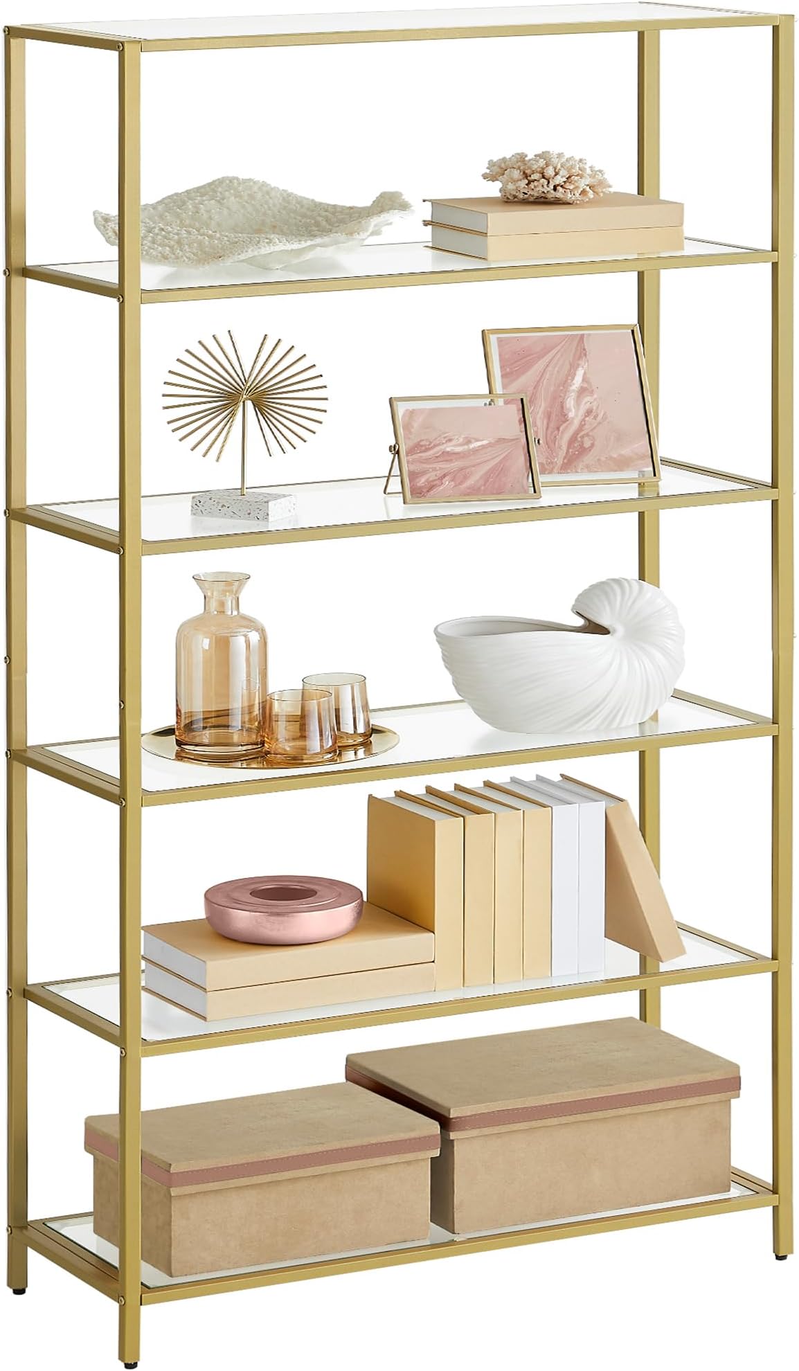 VASAGLE Bookcase, 6-Tier Bookshelf, Slim Shelving Unit for Bedroom, Bathroom, Home Office, Tempered Glass, Steel Frame, Metallic Gold ULGT503A01