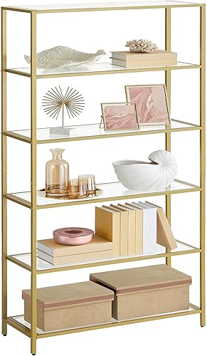 VASAGLE Bookcase, 6-Tier Bookshelf, Slim Shelving Unit for Bedroom, Bathroom, Home Office, Tempered Glass, Steel Frame, Metallic Gold ULGT503A01
