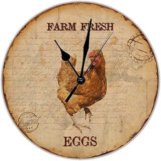 Farm Fresh Rooster Eggs PVC Clock Farm Barn Chicken Round Wall Clock Battery Operated Silent Quartz 12 inch Classic Farmhouse Decorative for Bedroom Living Room Home Bedroom Hotel