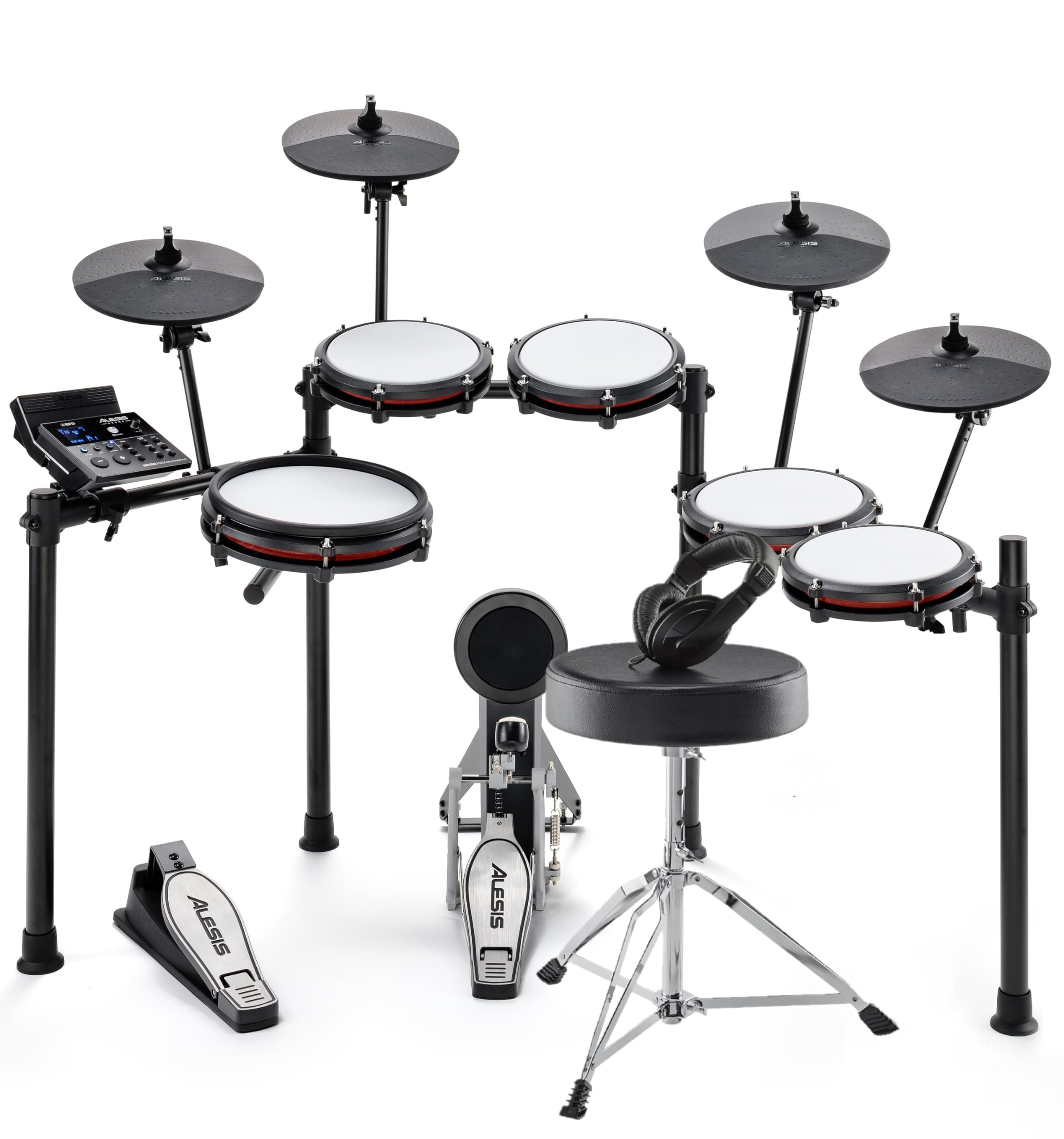 Alesis Nitro Max Kit 10-teiliges Elektronische Schlagzeug mit Quiet Mesh Pads, 10" Dual Zone Snare, Bluetooth, 440+ Sounds, Drumeo, USB MIDI, Schlagzeughocker und ohrumschließende Kopfhörer
