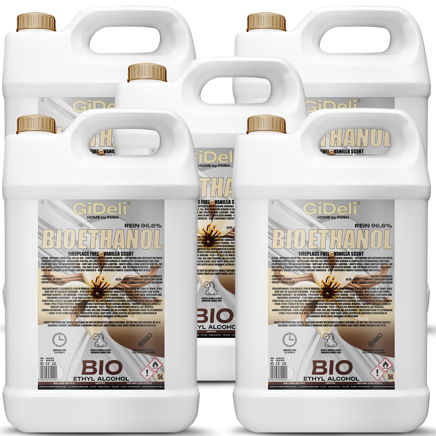 GiDeli Bioetanol 5 x 5 l de aroma de vainilla 96,6% etanol para chimeneas interiores y exteriores, sin humo ni hollín, de maíz y remolacha azucarera