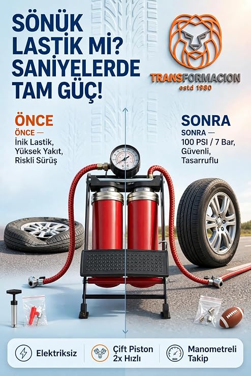 Transformacion Çift Pistonlu Ayak Pompası 100 PSI 7 Bar Manometreli Göstergeli Araba Bisiklet Lastik Şişirme Pompası 723603