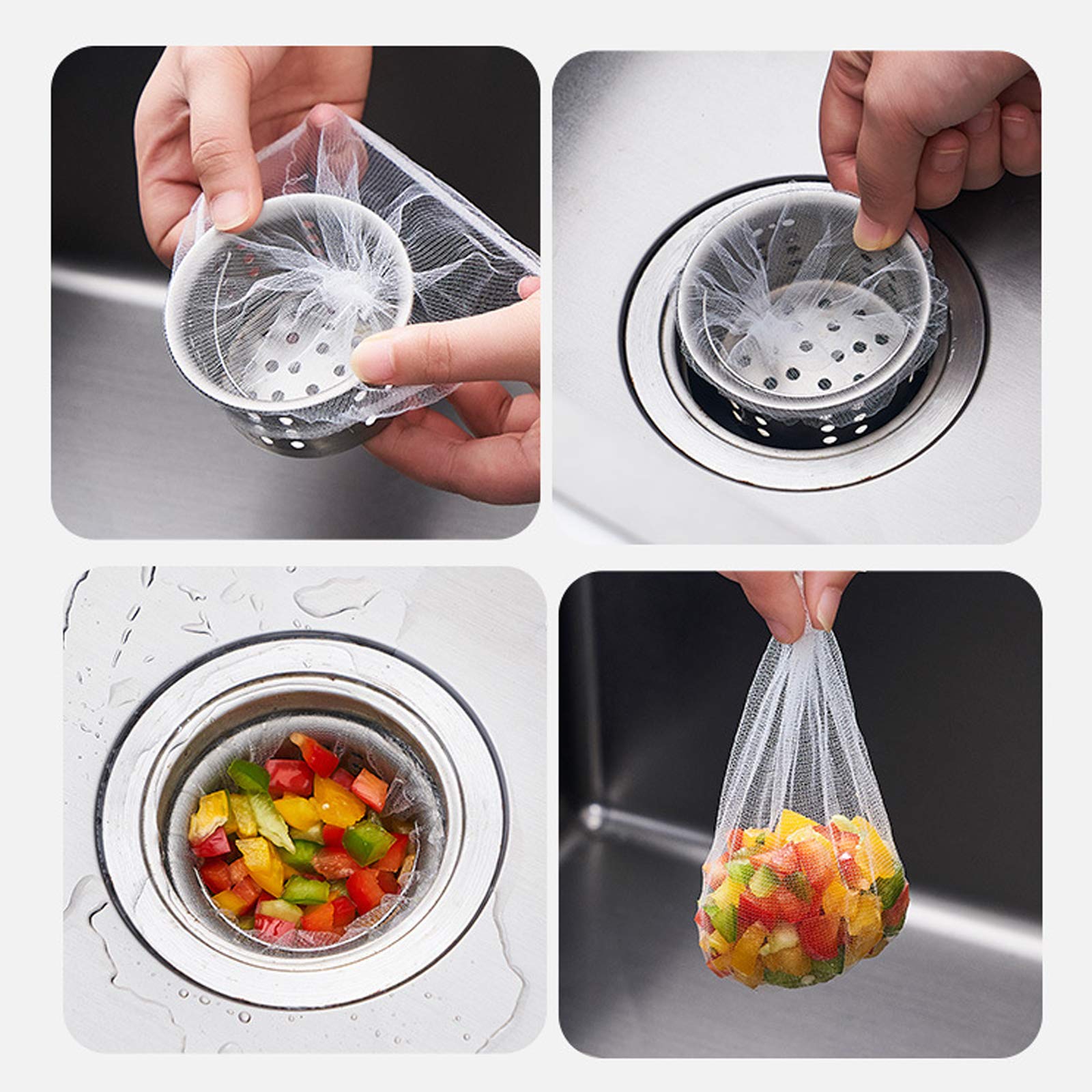 ZoneYan Wegwerp gootsteenzeefzakken, 100 stuks, mesh-gootsteen, riolering, filtertas, gootsteenzeefzak, vuilniszak, filternet, voor keuken, wastafel, badkamer
