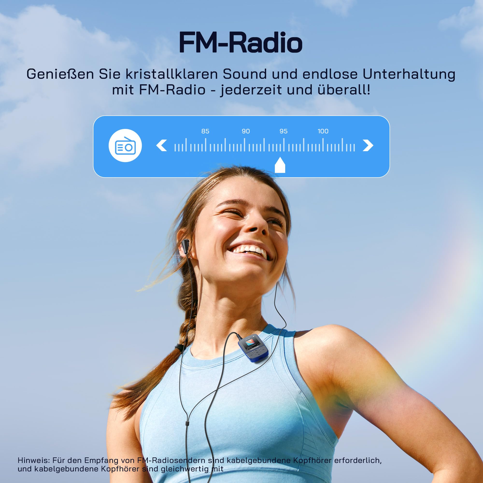 WOLFANG MP3-Player mit Bluetooth 5.2, Sportclip, Mini-Größe, Gewicht 28,3 g, HiFi FM-Radio, Diktiergerät, Kopfhörer im Lieferumfang enthalten