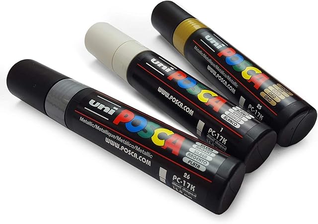 Posca UNI-BALL MARKER PEN PC-17K - XXL Chisel Tip for Large Backgrounds - Set of Gold, Silver and White