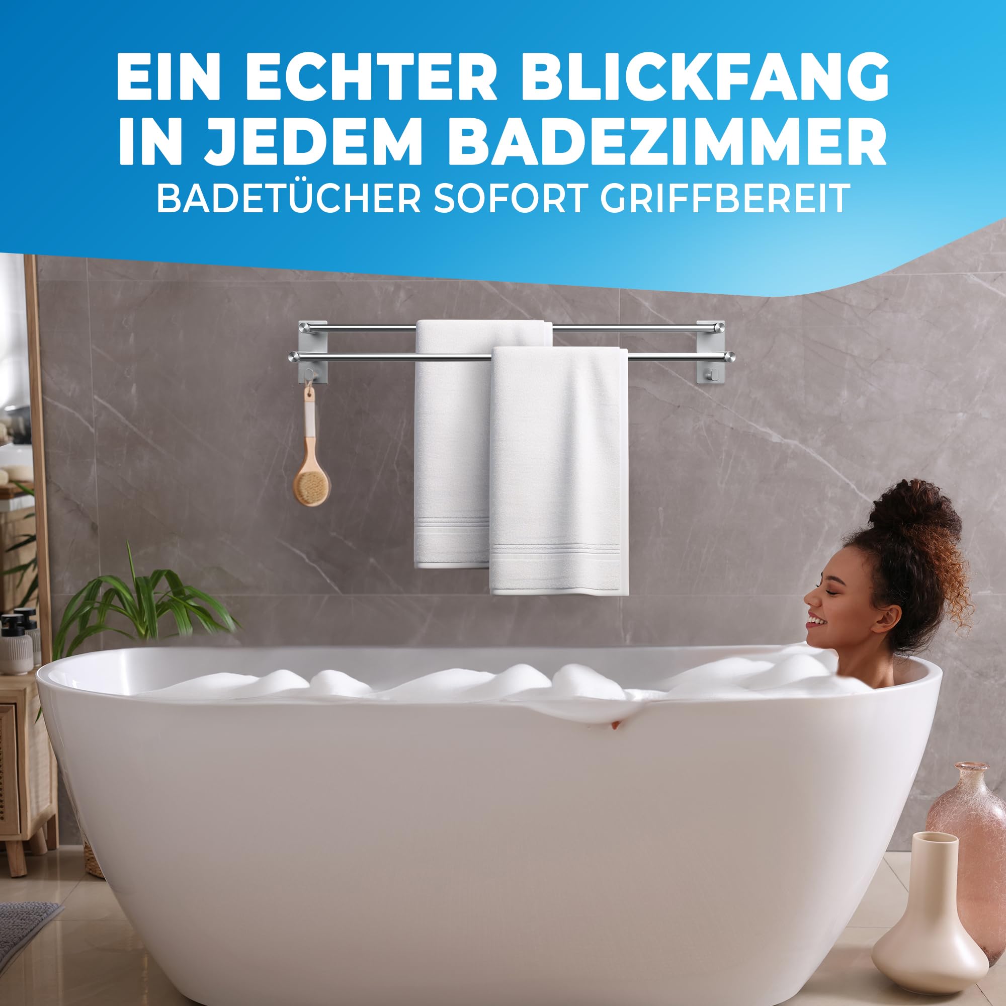 LOBUX® - Toallero sin taladrar – 80 cm, acero inoxidable – Toallero de baño doble autoadhesivo – Toallero de baño con 2 ganchos – para baño, ducha, cocina