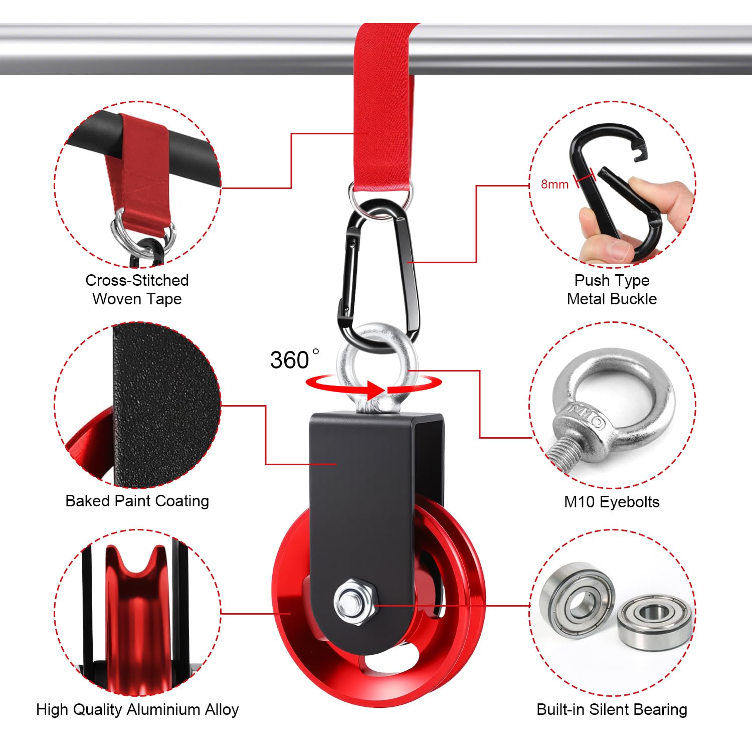 Zdhsufnvw 90mm Umlenkrolle Aus Aluminium – Rot, Mit Karabiner & Befestigungsgurt, Für DIY-Fitness, Heimtraining, Kabelzug & Seilwinde