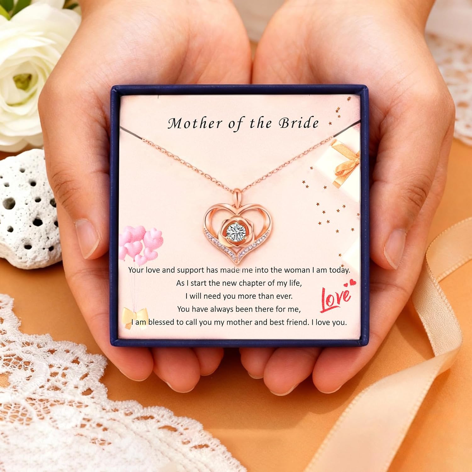 Mother of the Bride Gifts-925 Sterling Silver Rose Heart Necklace Mother of Bride Jewelry for Mother of the Bride Wedding Gift with Message Card and Box - Image 7