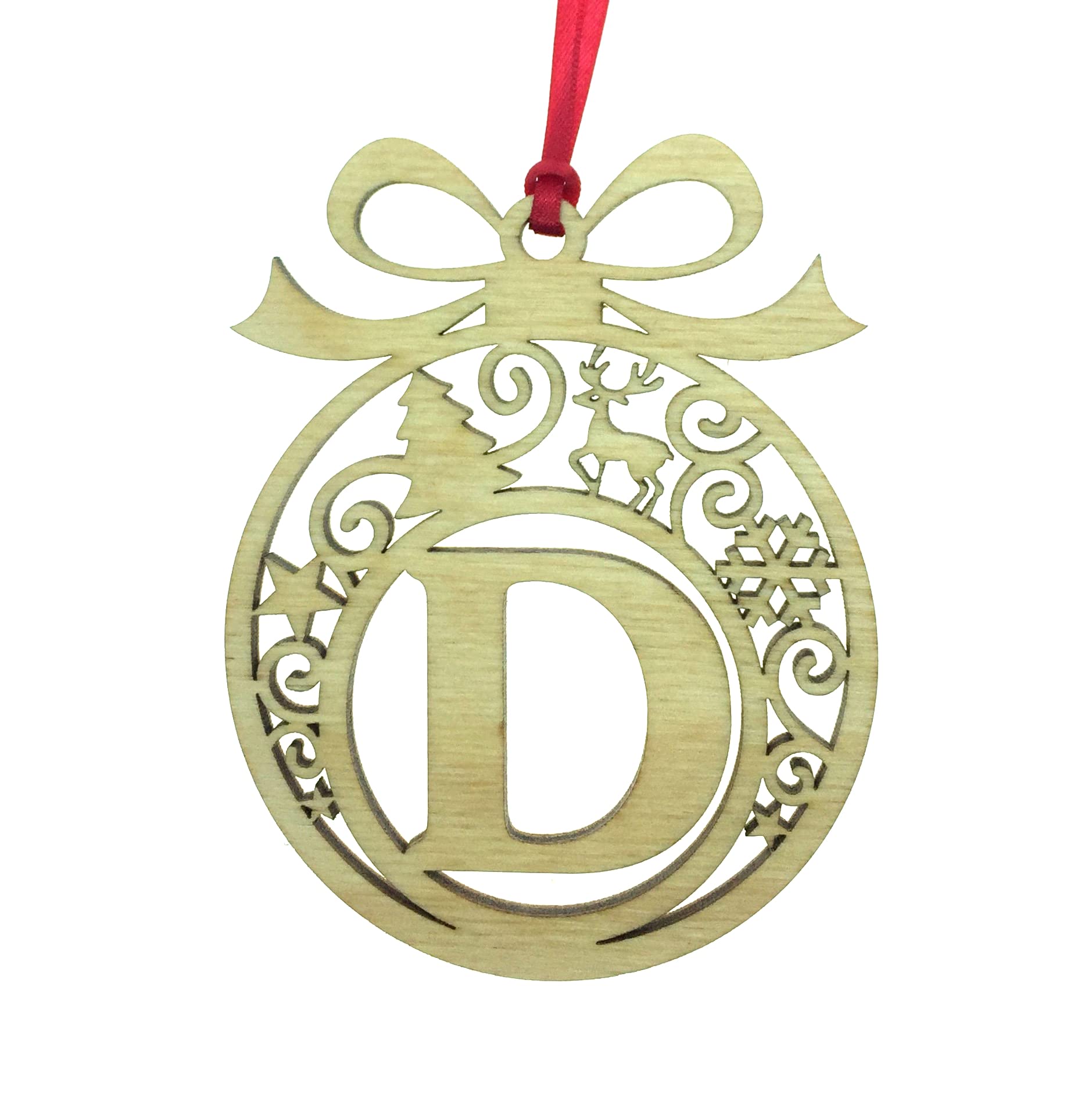 Personalised Christmas tree bauble decoration pendant ornament: Letter D, Natural Wood, Small