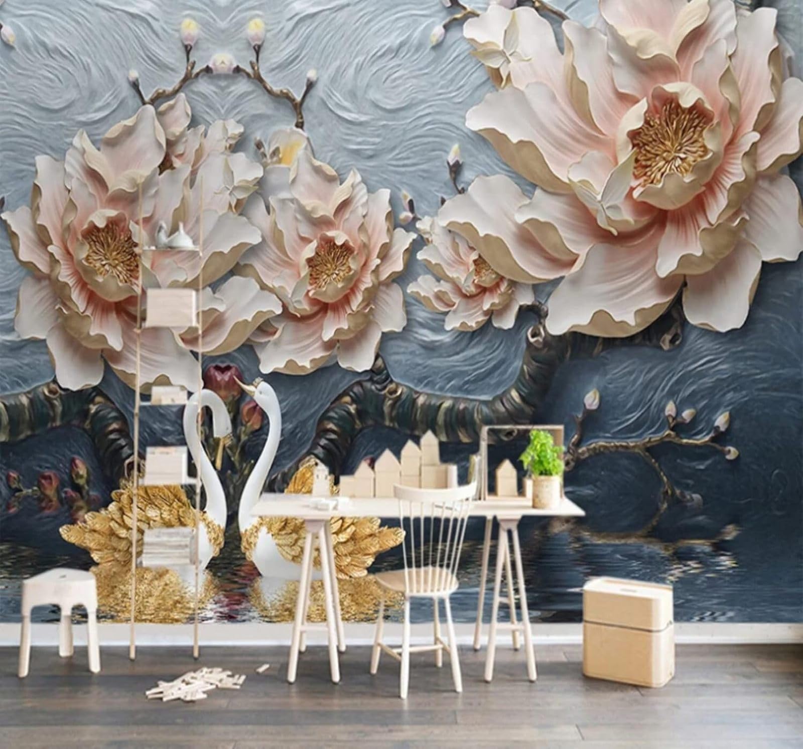 XLMING Three Dimensional Relief Peony Swan Art 3D Wallpaper Luxury Home Dining Decor Paste Sofa Living Room The Wall for Bedroom Mural-250cm×170cm