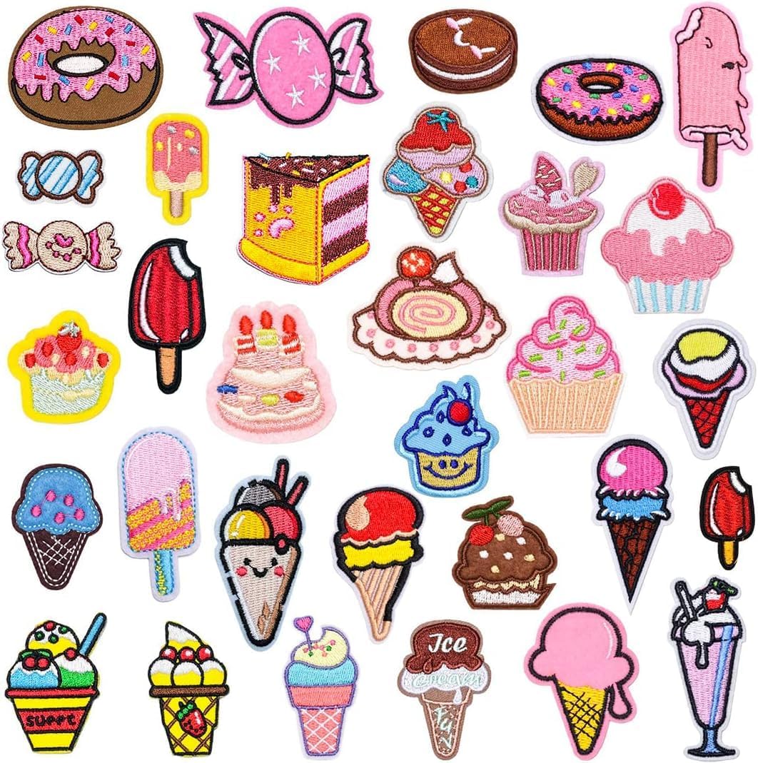 KASTWAVE 32 Pcs Cartoon Iron on Patch for clothes Ice Cream Embroidered Applique Patches Dessert Patches for Backpacks Sew on Patches Decorative Repair Patch for Clothes, Hat, Jeans, DIY Accessories