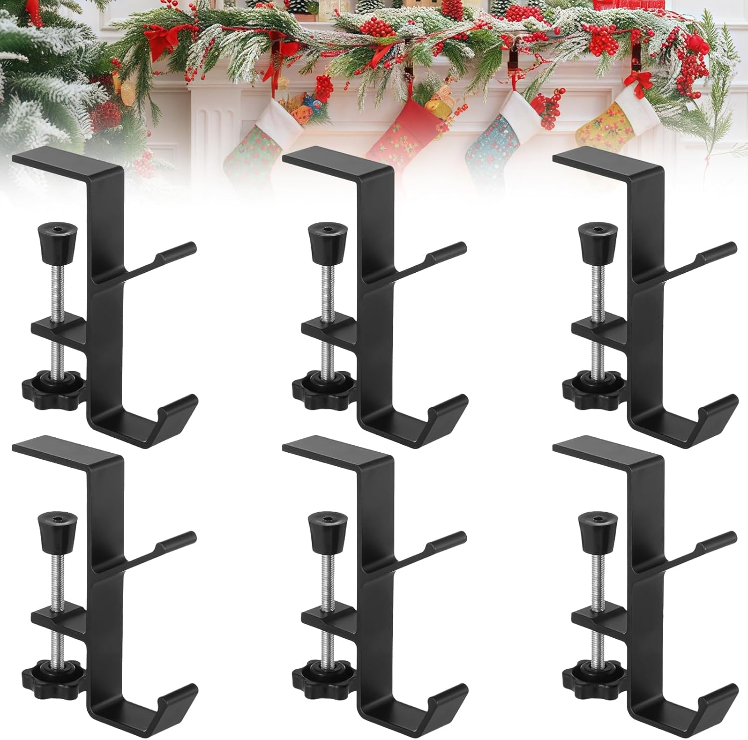 Set of 6 Adjustable Christmas Mantle Hangers, 2-in-1 Garland and Stocking Hooks with Anti-Slip Silicone Pads, No Drill Fireplace Hooks for Holiday Décor,