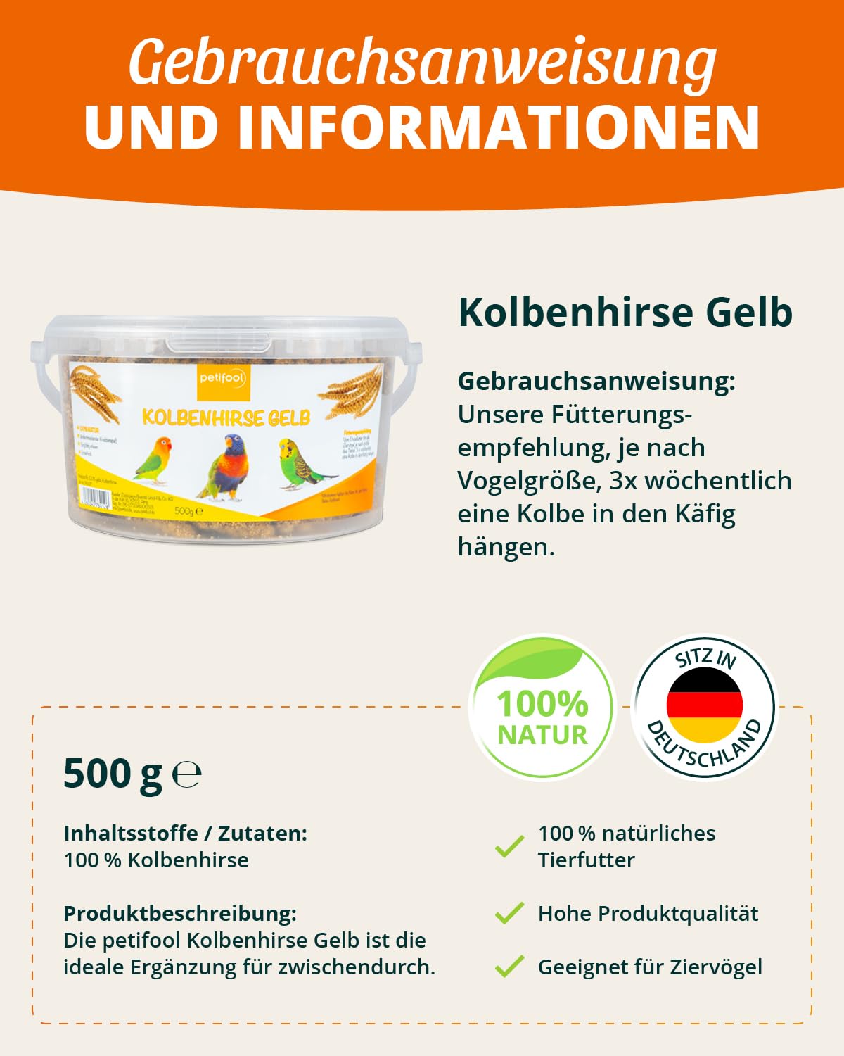 petifool Proso kolby żółte 500 g – pasza dla wszystkich ptaków ozdobnych – karma dla ptaków – 100% naturalna