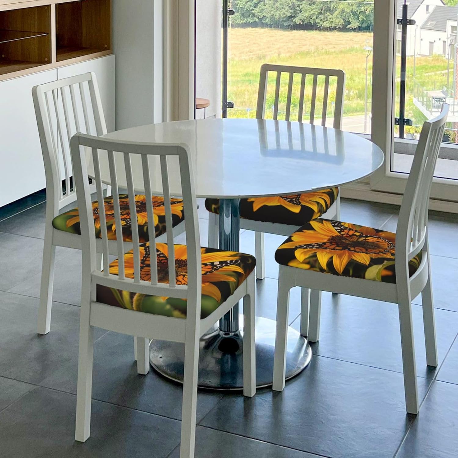 Sunflower Butterfly Print Square Cushion Covers 6 Pcs Set Elastic Non-Slip Seat Cushion Slipcovers Pet Furniture Protectors for Chair, Sofa