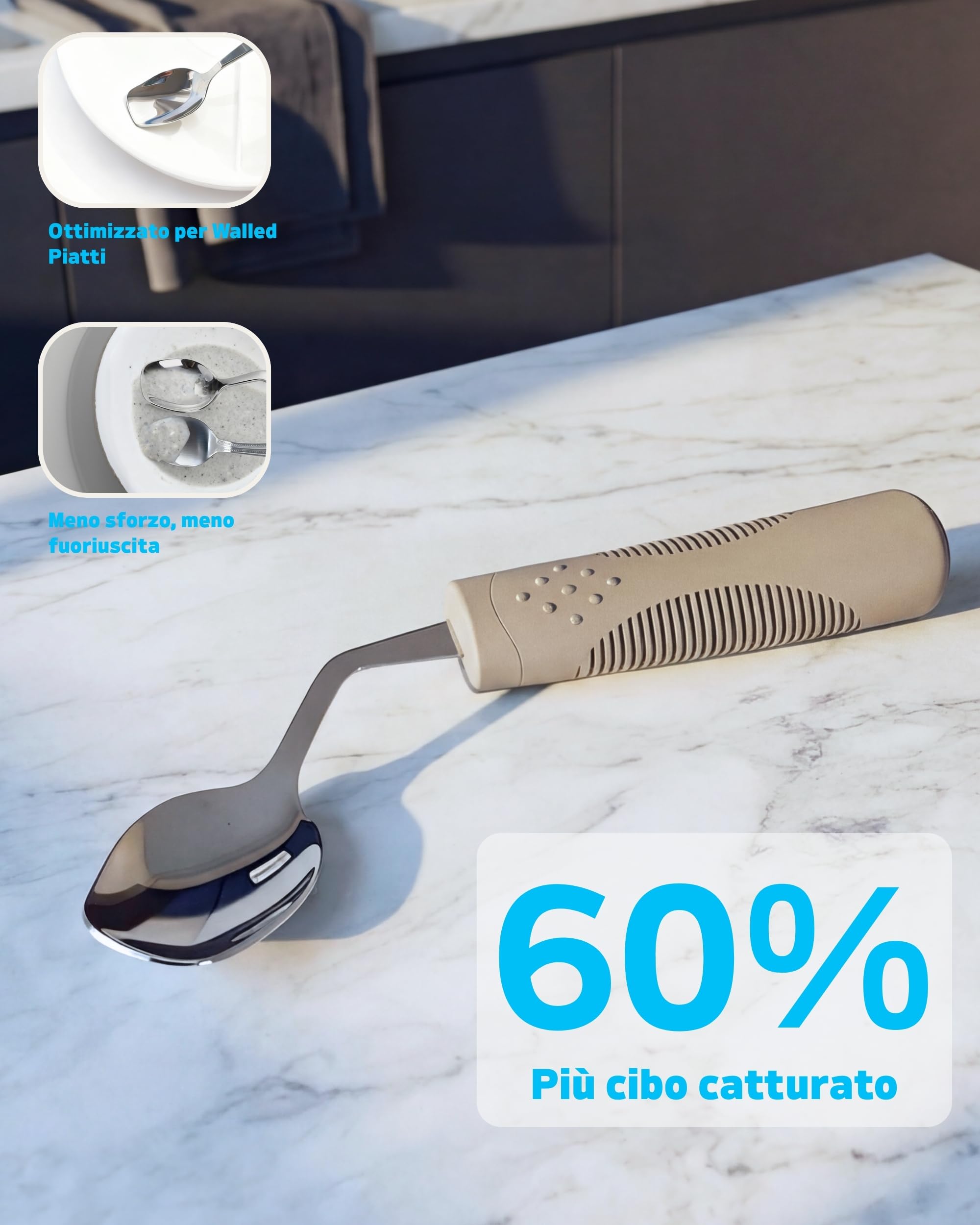 Set Posate Adattive con Peso – per Tremori e Parkinson, Coltello Oscillante a 42°e Cucchiaio Profondo, 71 g (Grigio, Mano Sinistra)
