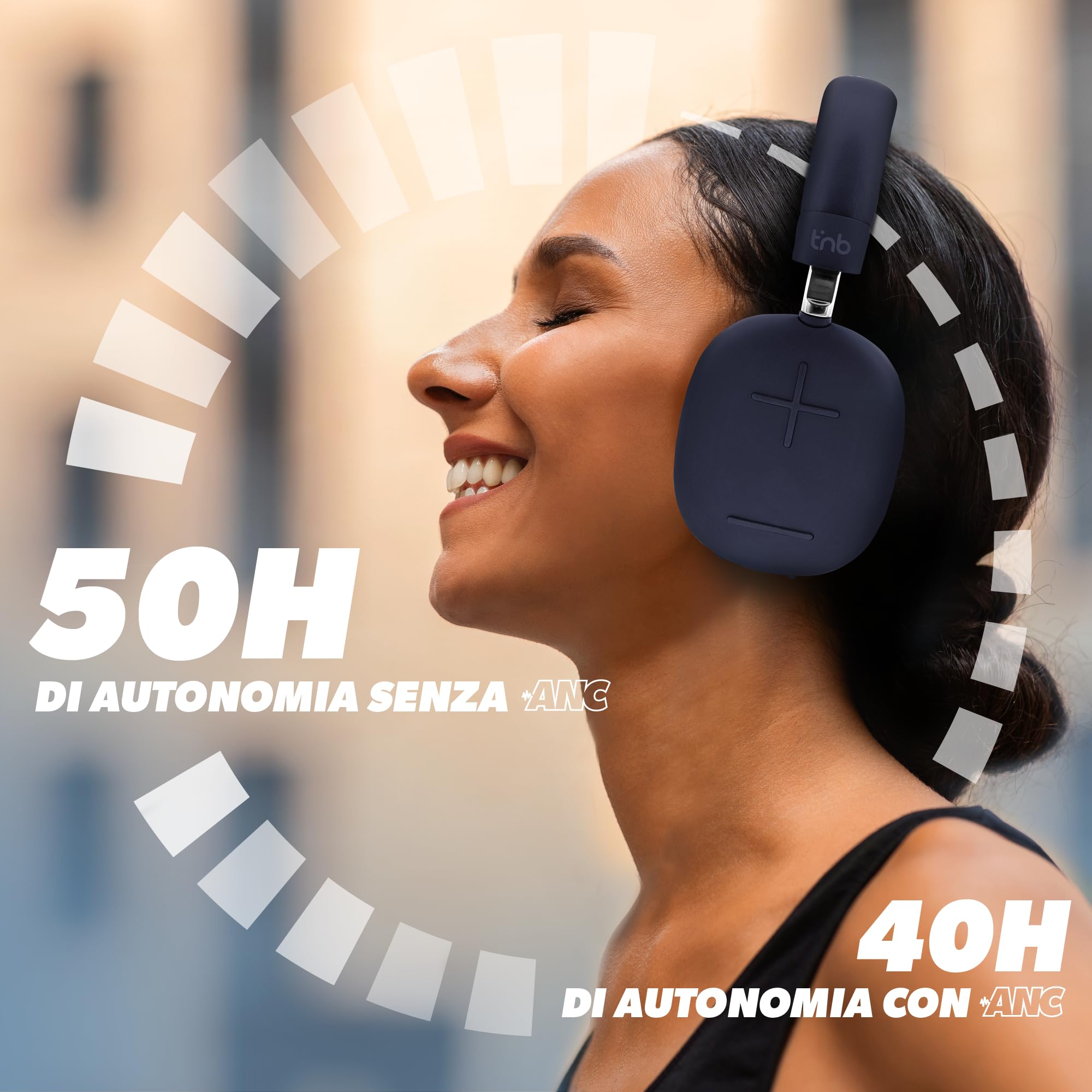 T'nB - Bounce ANC Midnight Blue, Cuffie Bluetooth senza fili, Riduzione del Rumore Active ANC, Autonomia 50h, Suono Immersivo, Microfono Integrato, Bluetooth 5.3, Jack 3.5mm, Borsa per il trasporto